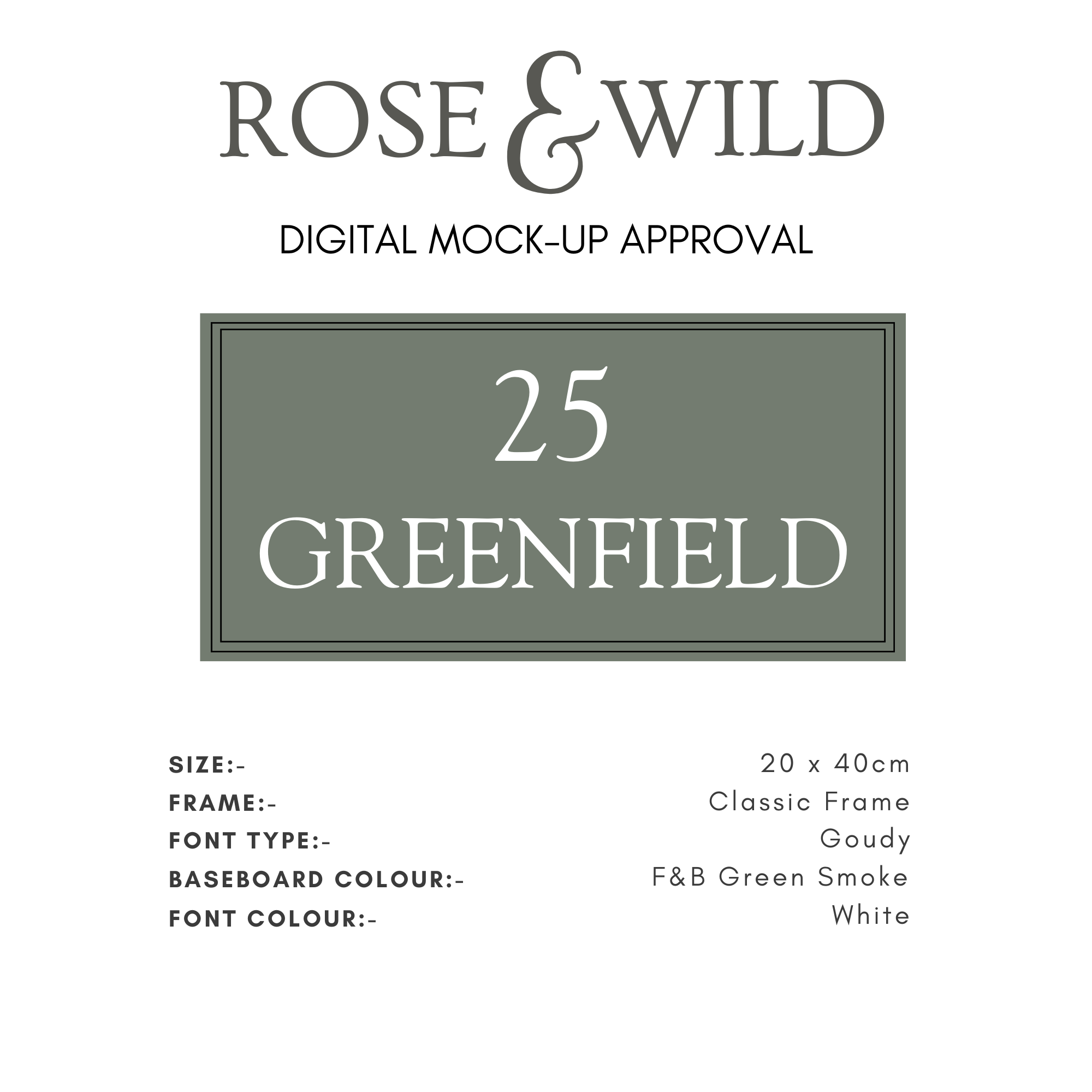 Design mock-up of house sign with 'Rose & Wild' branding and text details on a white background